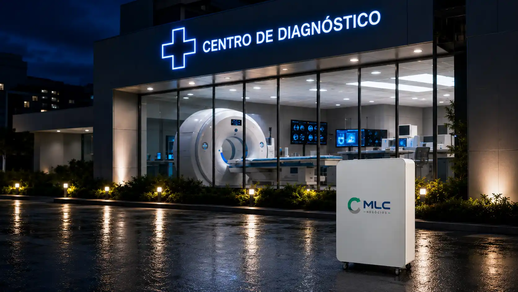 Tomógrafo apoiado por um sistema BESS branco de porte médio e sem marca