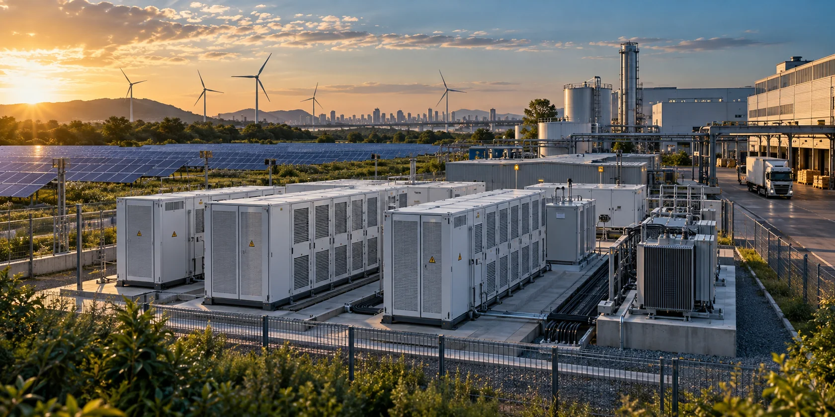 Sistema BESS integrado a uma usina solar, turbinas eólicas e infraestrutura industrial